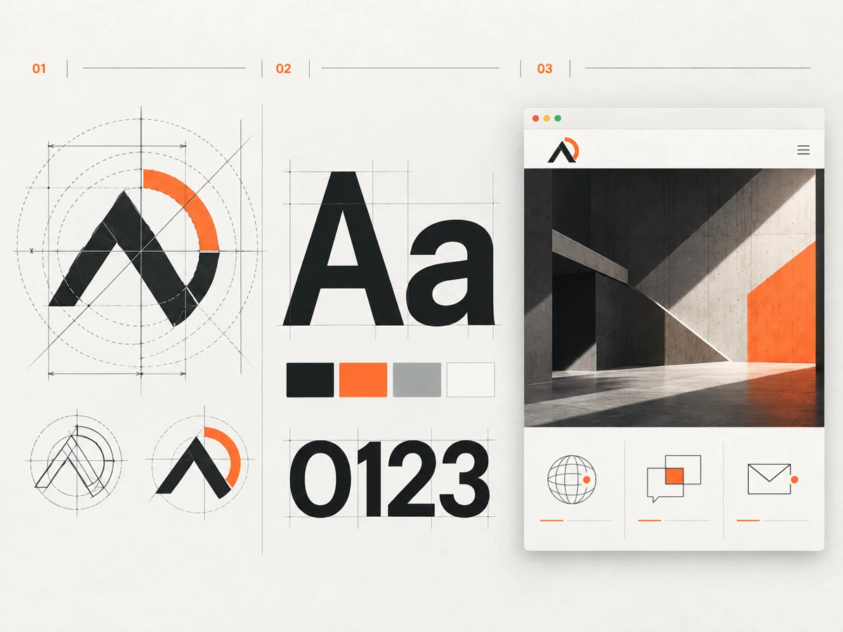 Étude illustrative d’un projet : construction géométrique d’un symbole, typographie, couleurs et application dans une interface digitale.