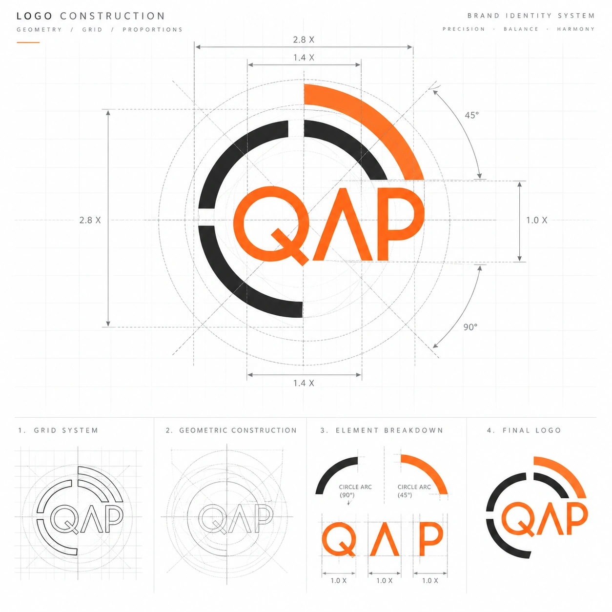 Étude de construction du logo QAP Tracker : grille, proportions et éléments géométriques.